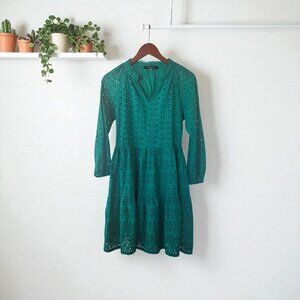 Sugar Lips Popover Dress Size M | Vintage Kelly Green Embroidered Eyelet | Boho